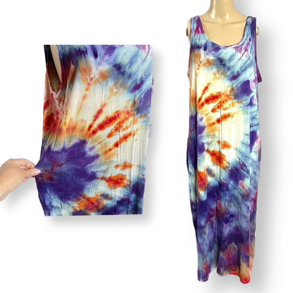 Handmade tie dyed maxi dress rainbow ribbed 2X red purple